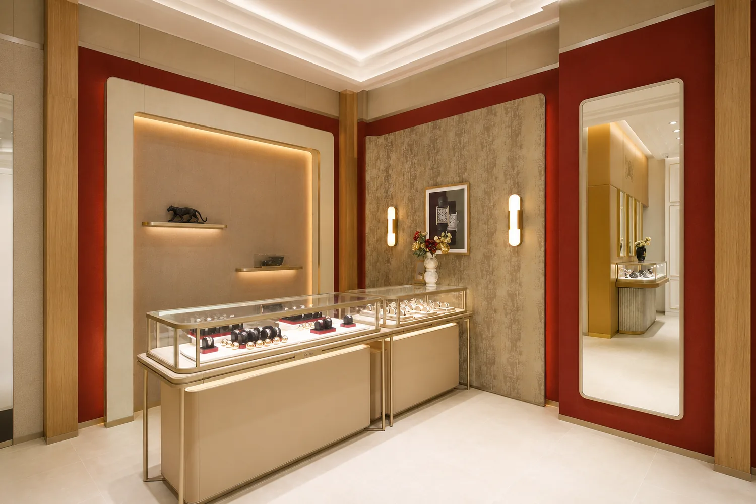 A red and gold shop-in-shop with a lit vitrine counter, wall niches and a full-height mirror.