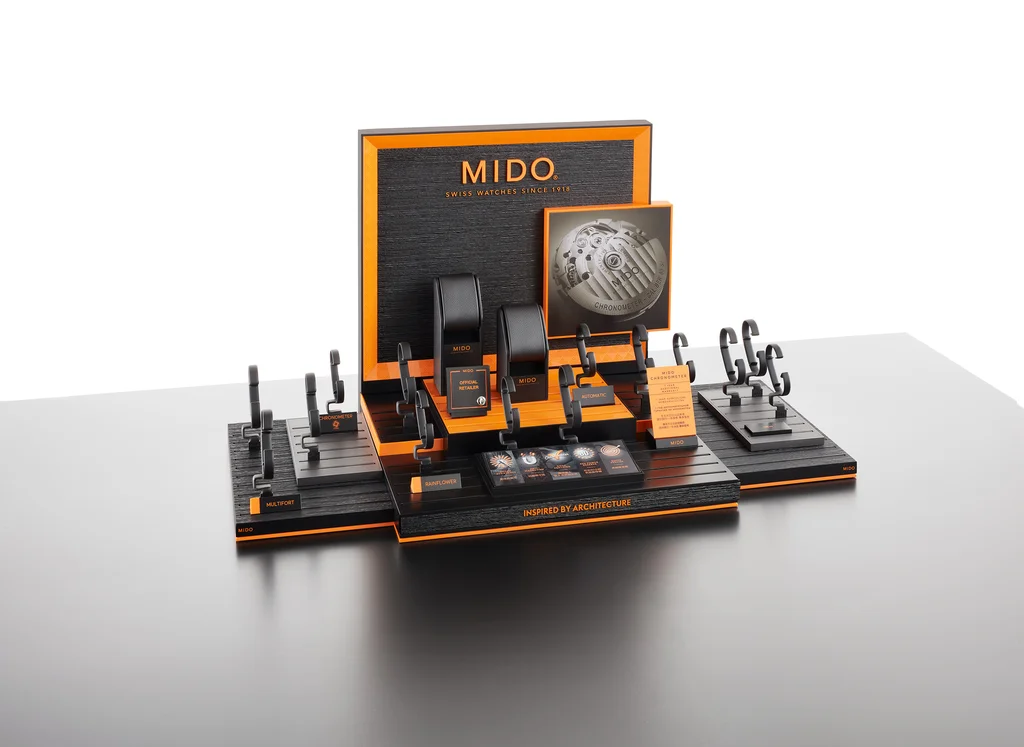Mido: Watch counter display produced by Casadevall Group.